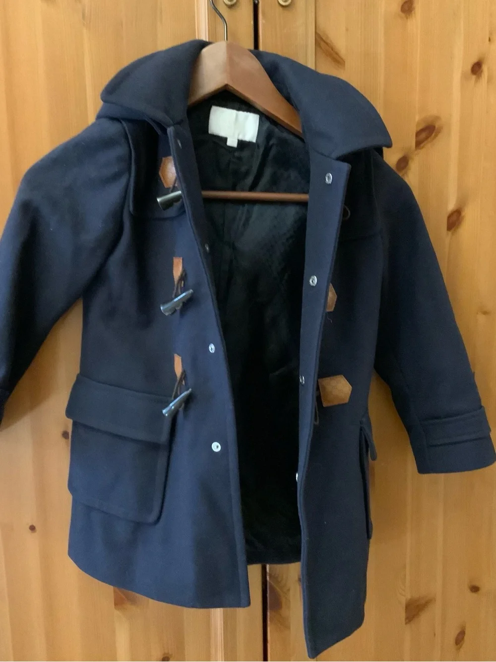 GUCCI Kids Navy Wool Duffle Coat Leather GG Pattern Toggles Hooded Size 5 Italy